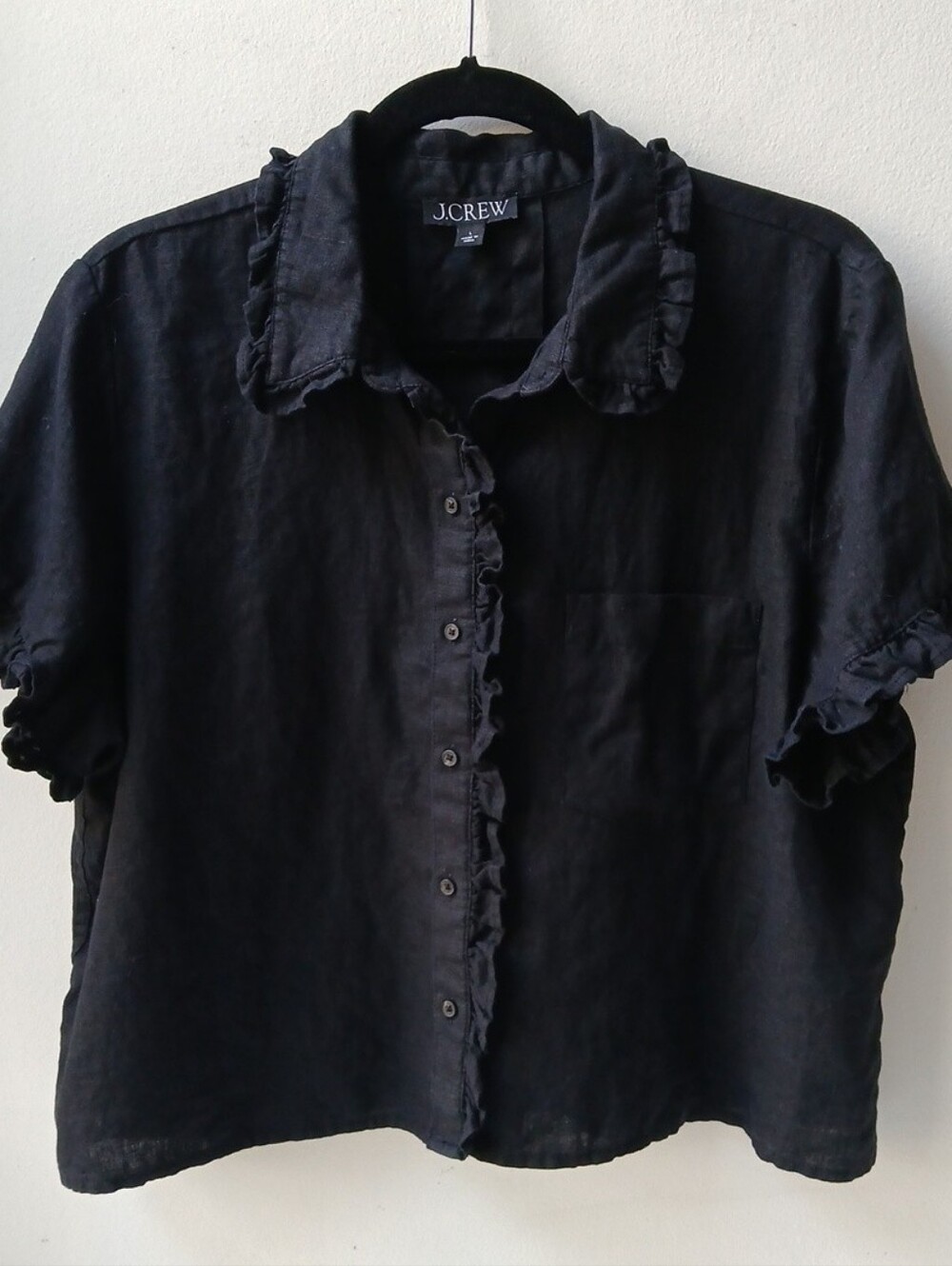 J. Crew Ruffle Trim Linen Button Front Shirt Black Women's Large
